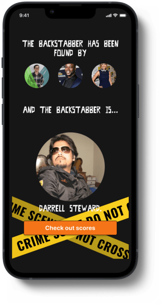 Backstabbers instant murder mystery Winners and Backstabber shown in game results screen.